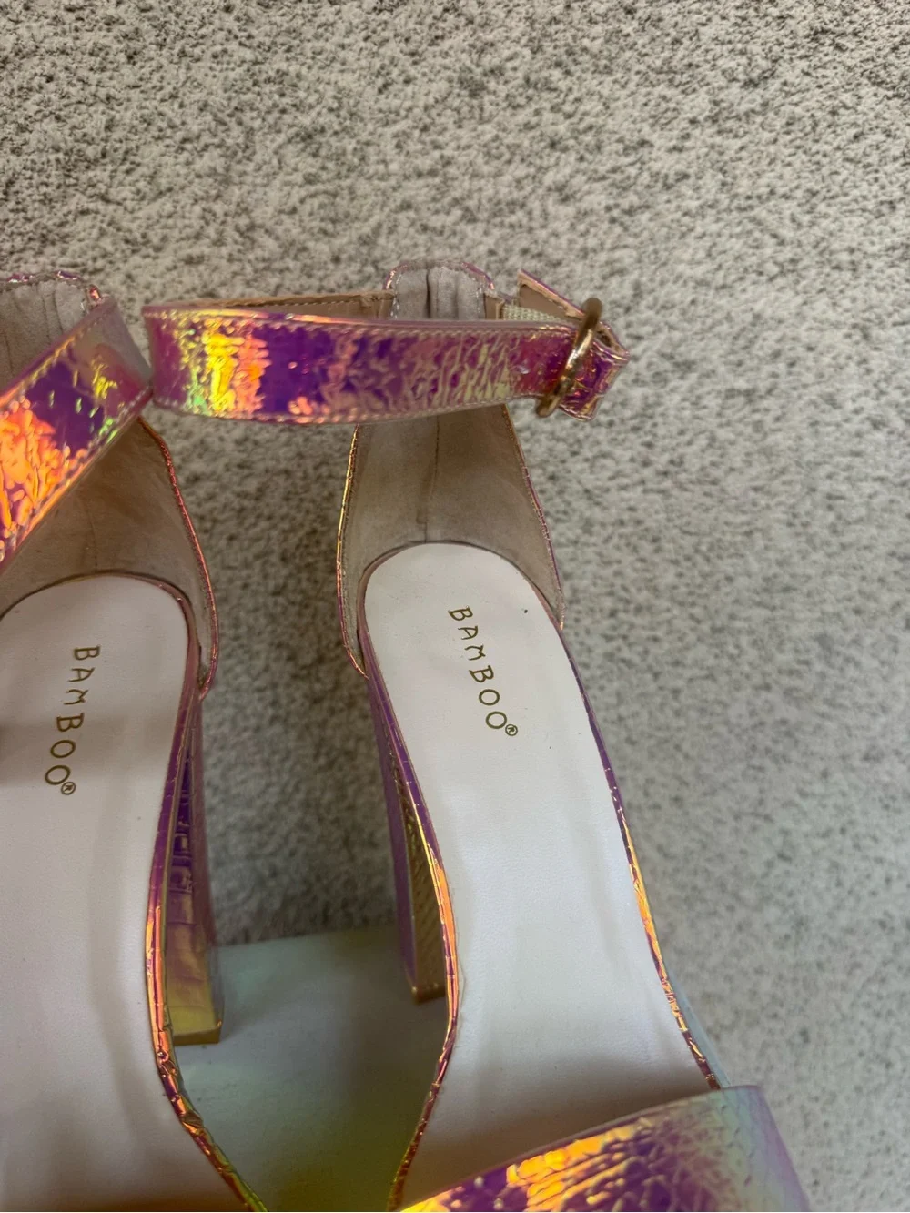 BAMBOO Iridescent Pink-Purple Platform Ankle Strap Sandals